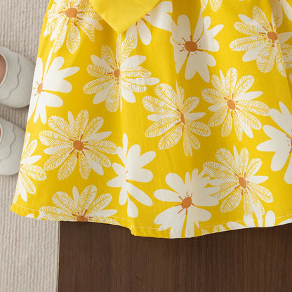 Toddler & Baby Girl Summer Daisy Print Beach Dress with Sun Hat & Bow Set (3M-3T)