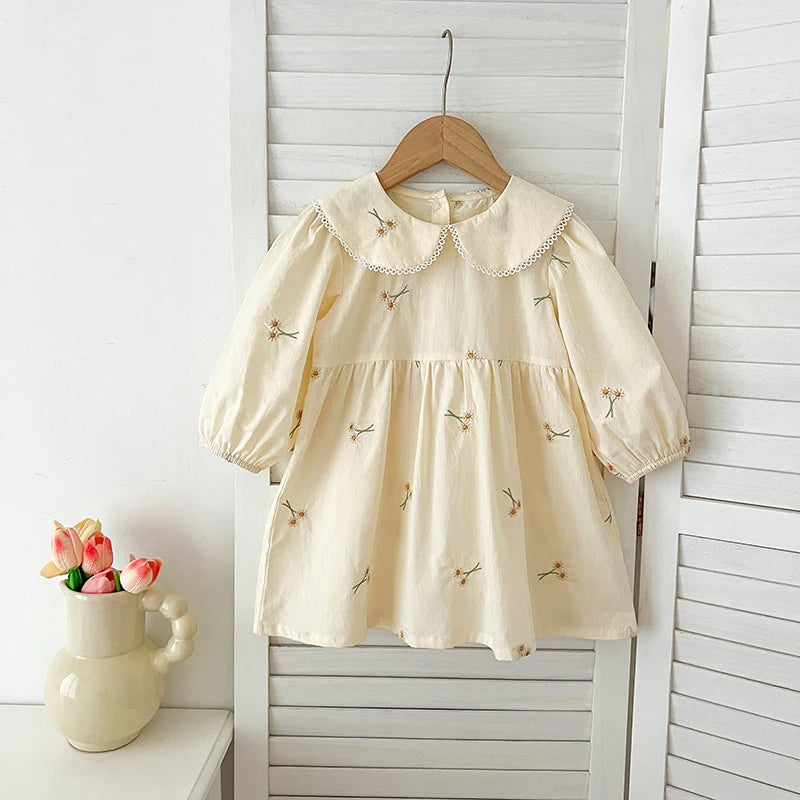 Baby Girl Cream Floral Cotton Dress - Long Sleeve Spring Princess Party Dress (2T-6T)