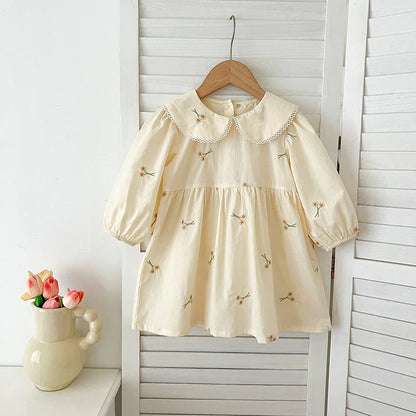 Baby Girl Cream Floral Cotton Dress - Long Sleeve Spring Princess Party Dress (2T-6T)