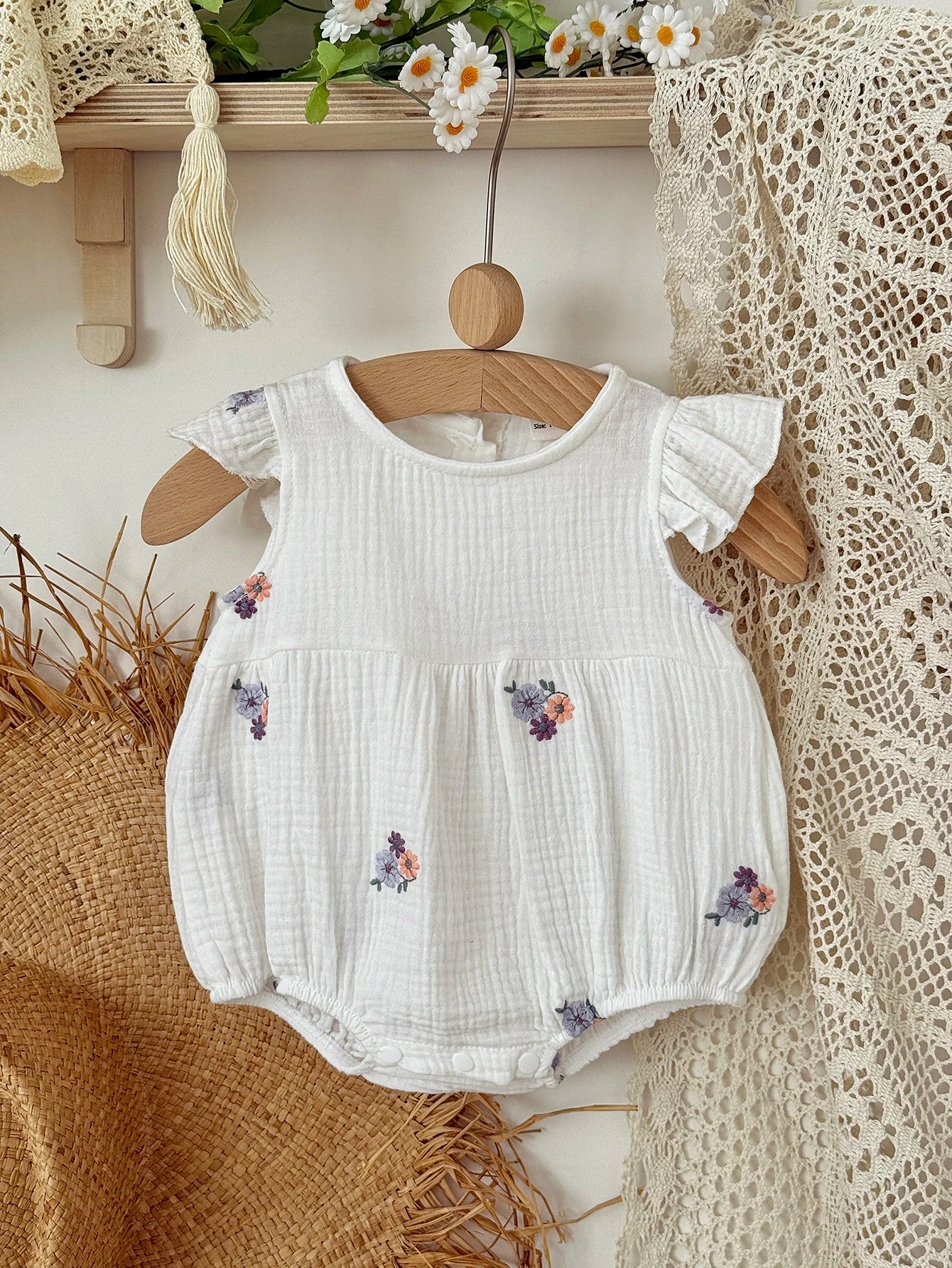 Summer Embroidered Floral Baby Romper - White Cotton Muslin Ruffle Sleeve Bodysuit (6-18M)