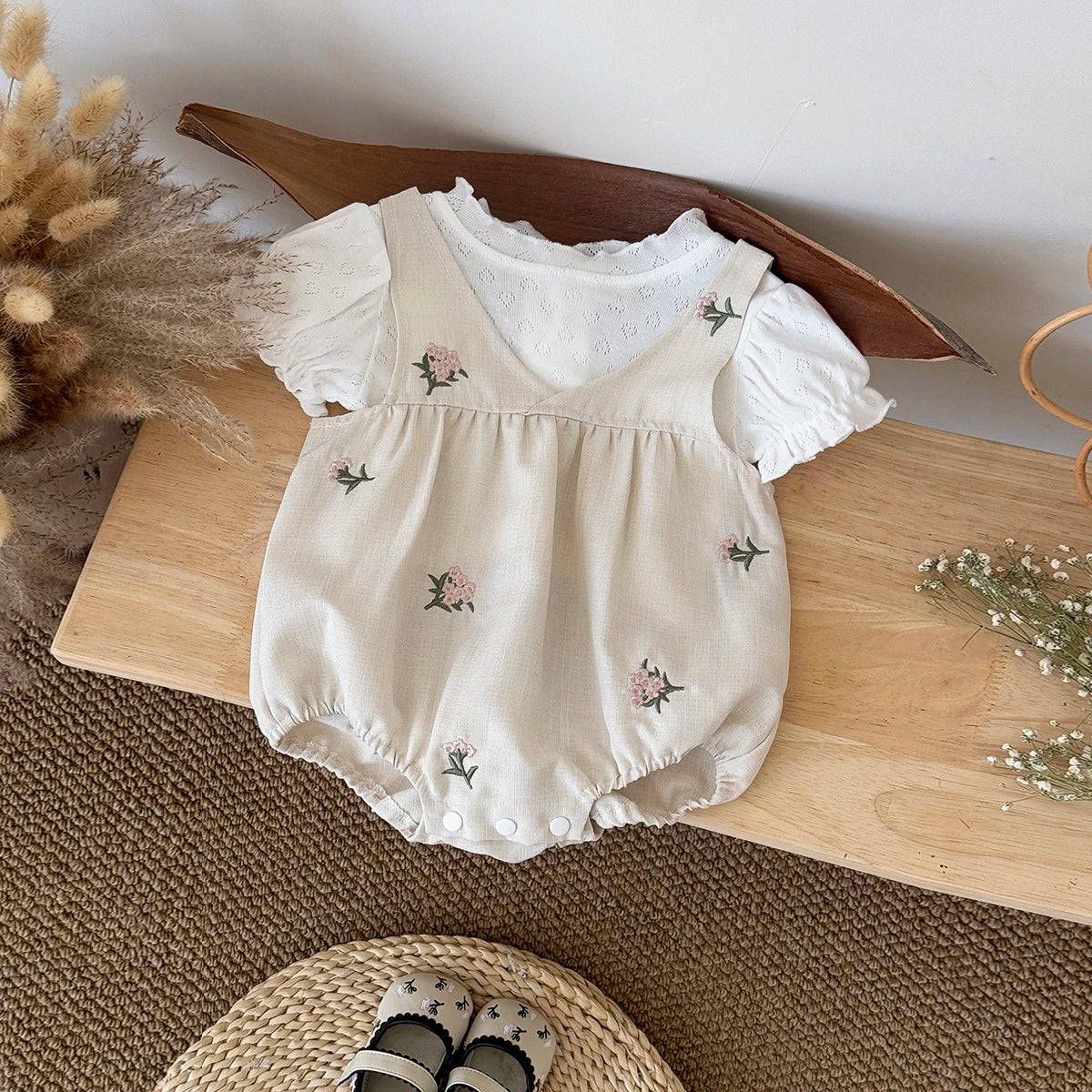 Baby Girl 2-Piece Embroidered Floral Romper Set - White Puff Sleeve Shirt & Camisole Overalls (0-24M)