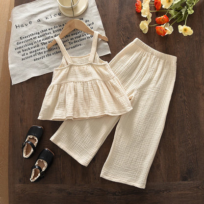 Girls 2-Piece Strawberry Cotton Muslin Set - Lace Camisole & Wide Leg Pants (3T-7)