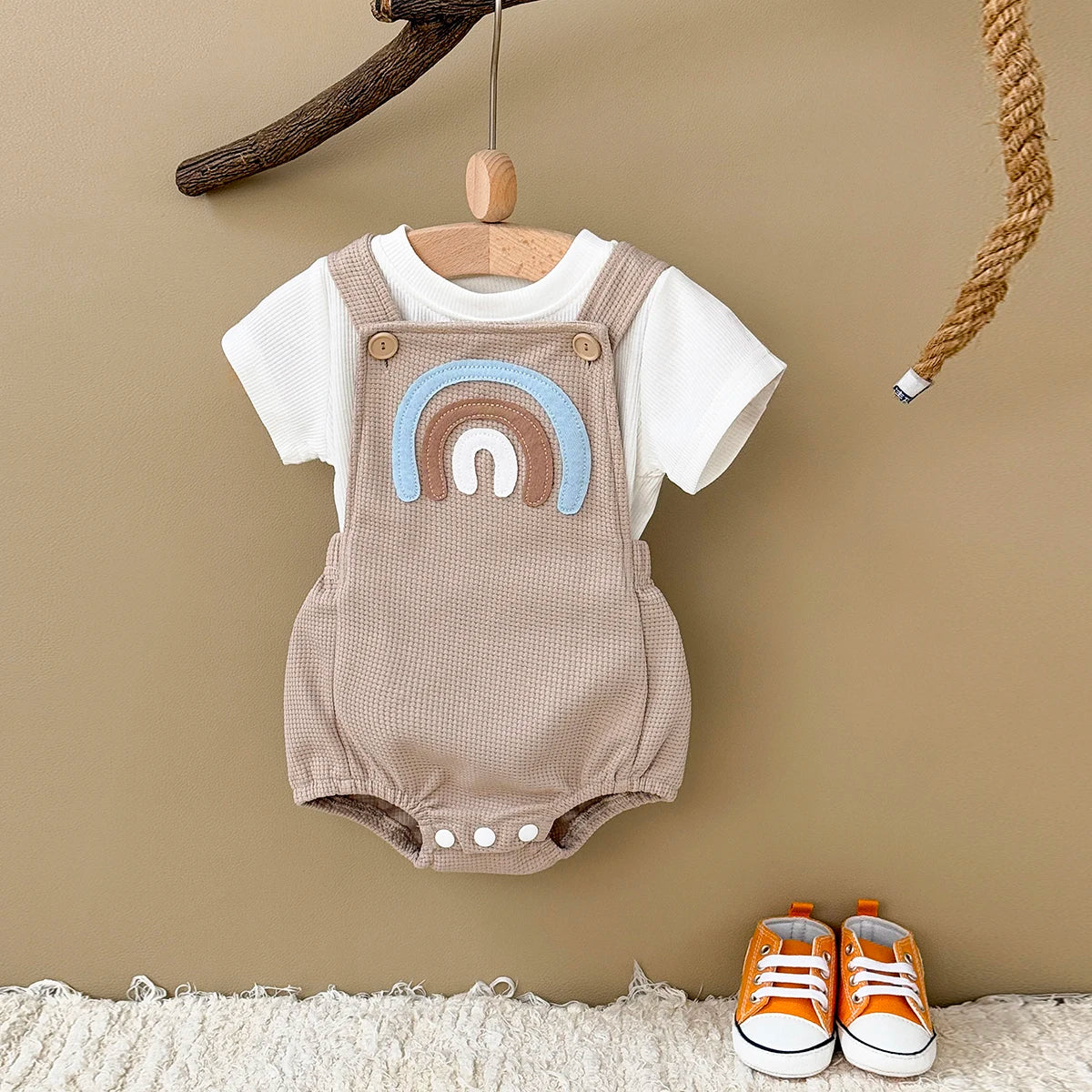 Infant Rainbow Appliqué Waffle Romper Set with Criss-Cross Back & Snap Bottoms (1-18M)