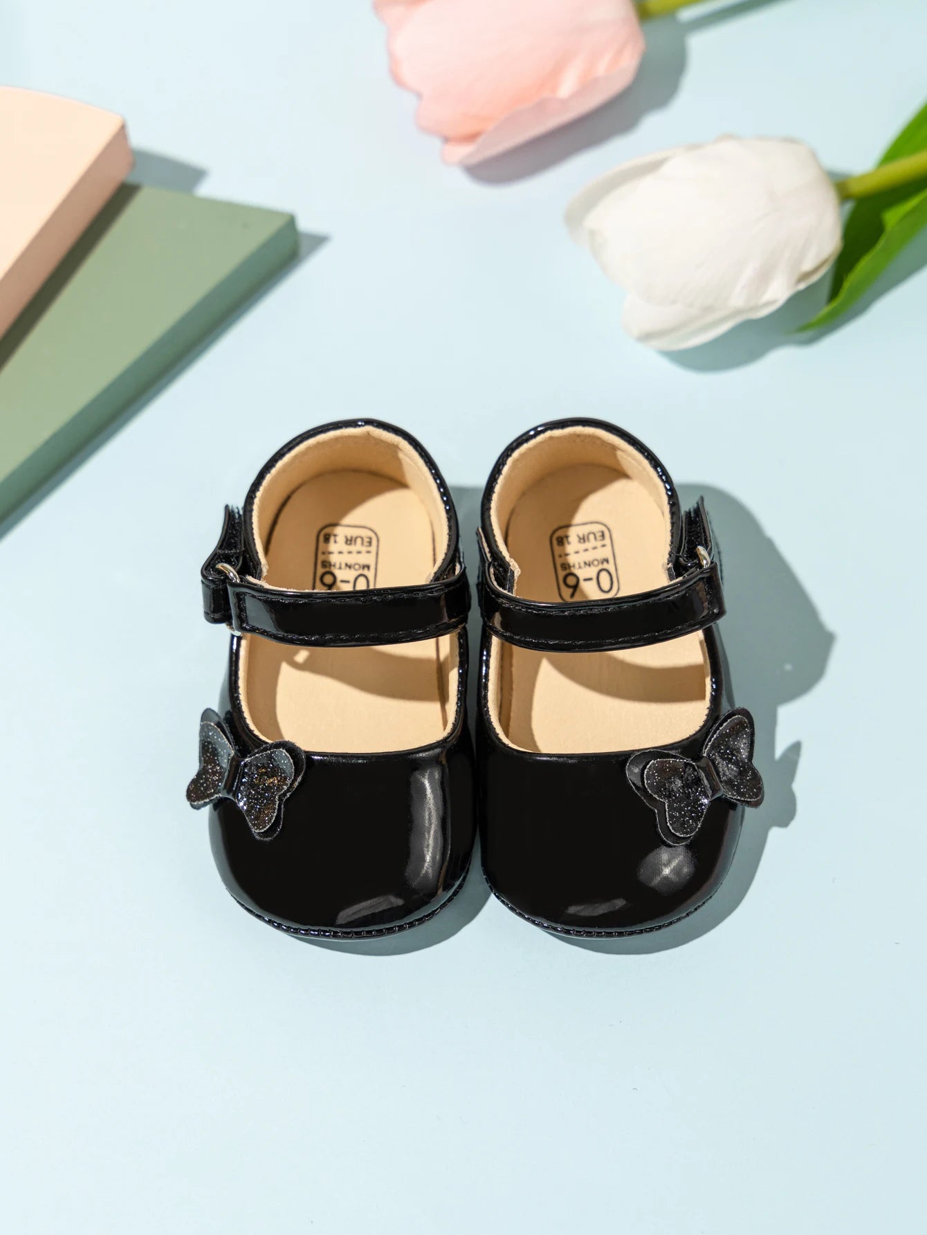 Patent Baby Girl Butterfly Mary Janes: Non-Slip Soft Sole (0-18M)