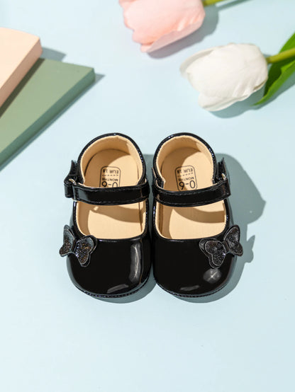 Patent Baby Girl Butterfly Mary Janes: Non-Slip Soft Sole (0-18M)