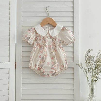 Pink Floral Smocked Sister Matching Outfits - Puff Sleeve Cotton Romper & Princess Dress (3M-6T)