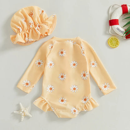 Baby Girl Daisy Floral Long Sleeve Rash Guard Swimsuit with Sun Hat – Toddler One-Piece Bathing Suit (6M-3T)