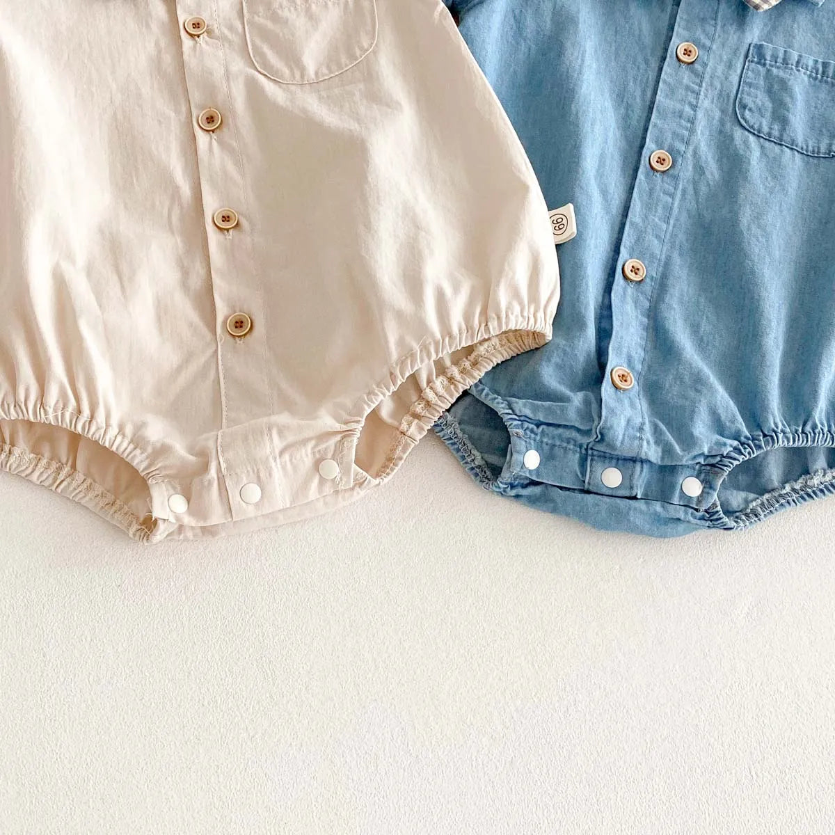 Baby Boy Korean Style Cotton Romper - Short Sleeve Lapel Shirt Jumpsuit with Bow Tie (0-24 Months)