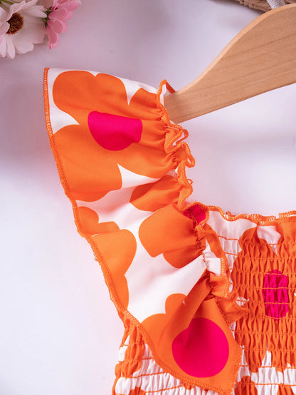 Girls Floral Summer Dress with Ruffled Sleeves & Smocked Waist (2T-6T)