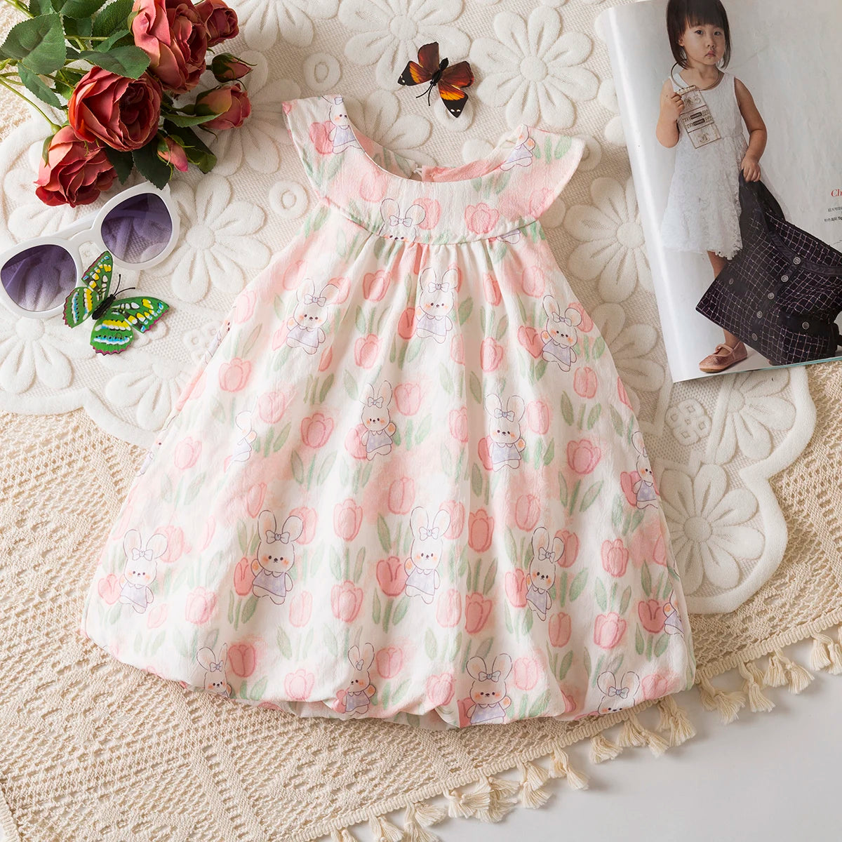 Baby Girl Easter Dress with Bunny Ears & Tail - Cotton Tulip Print Summer Sun Dress (9M-3T)