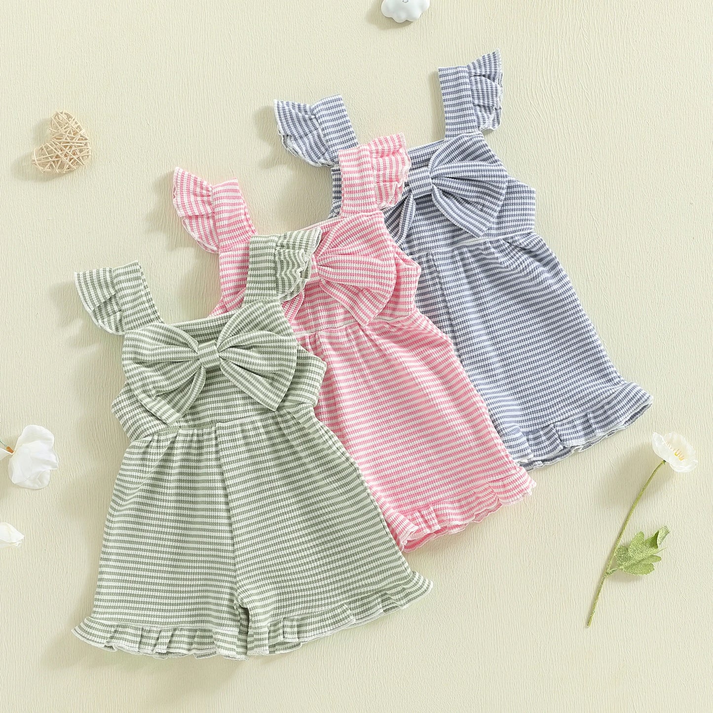 Toddler Baby Girls Striped Ruffle Jumpsuit - Cute Sleeveless Bow Romper (12M-5T)