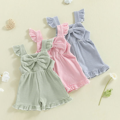 Toddler Baby Girls Striped Ruffle Jumpsuit - Cute Sleeveless Bow Romper (12M-5T)