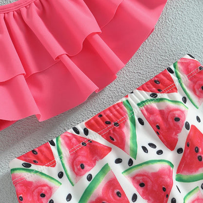 Baby Girl 3-Piece Ruffle Bikini Set, Watermelon & Mermaid Swimsuit with Cap (6M-4T)