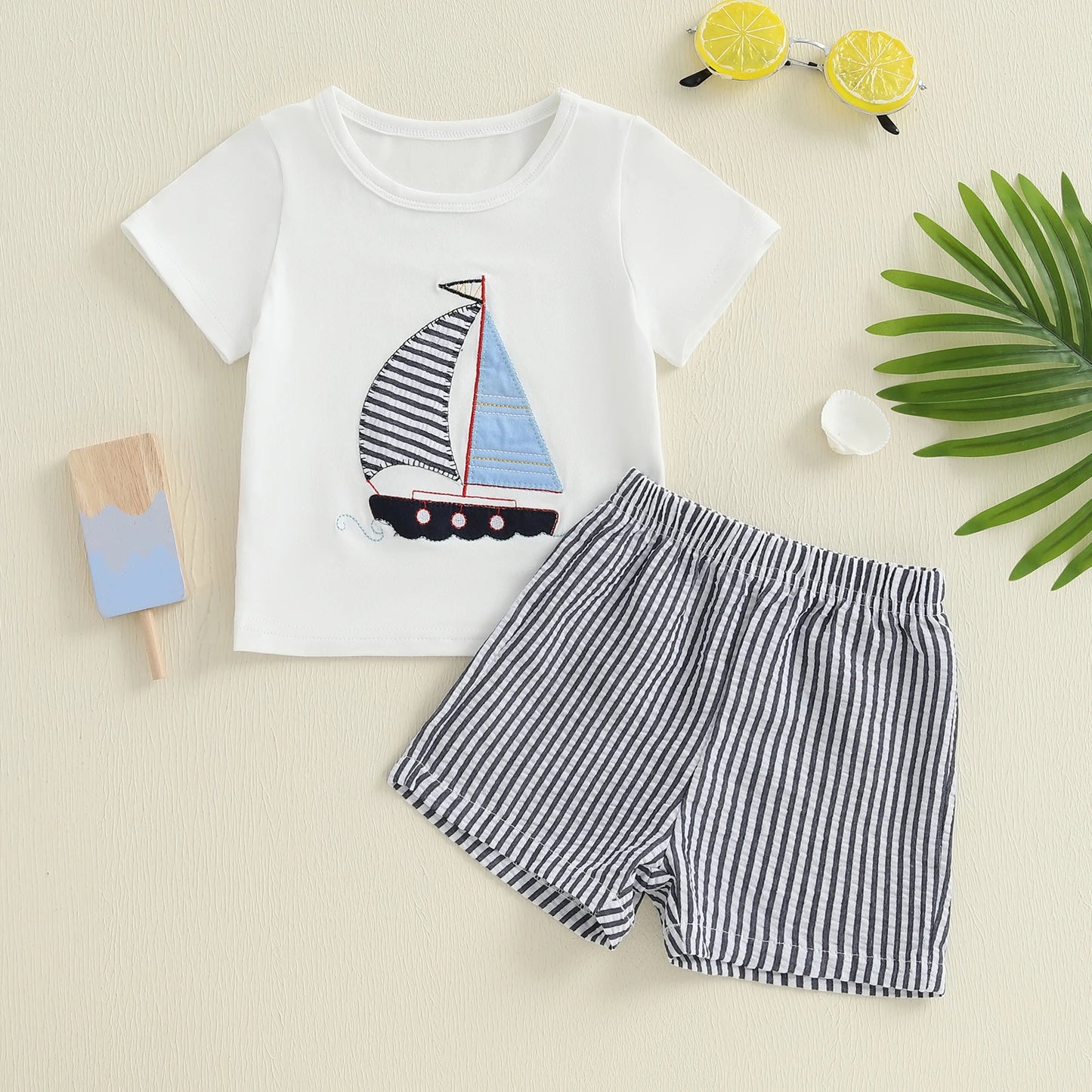 Toddler Baby Boy 2-Piece Summer Shorts Set - Sailboat Embroidered T-Shirt & Striped Nautical Shorts (6M-4T)