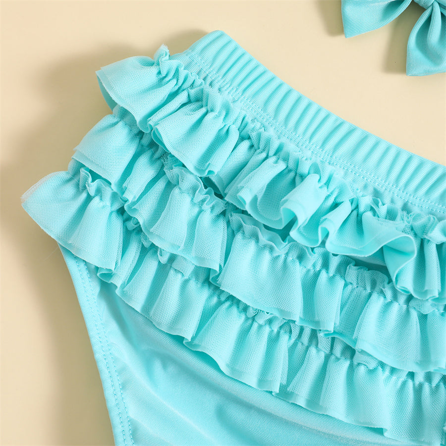 3-Piece Infant Baby Girl Summer Swimsuit Set - Ruffle Halter Bikini Top, Tutu Shorts & Sun Hat (0-24M)