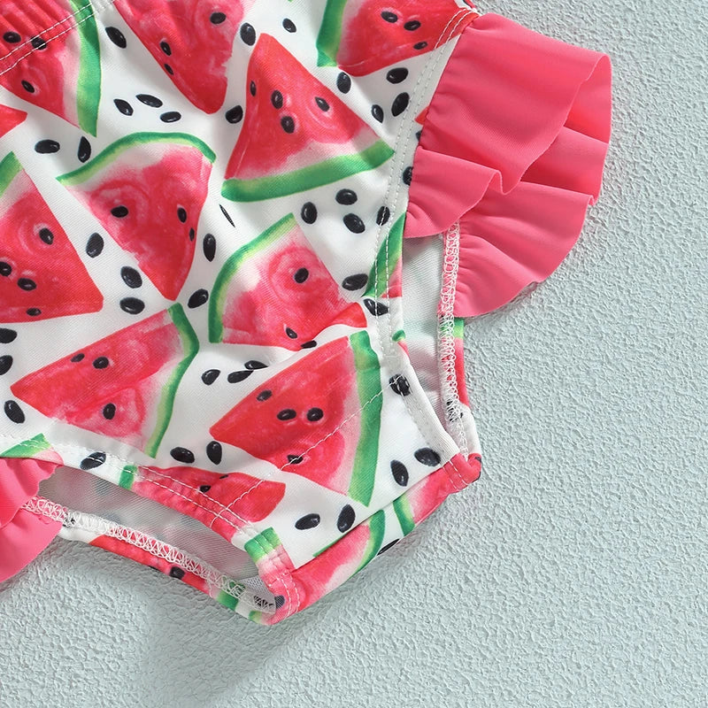 Baby Girl 3-Piece Ruffle Bikini Set, Watermelon & Mermaid Swimsuit with Cap (6M-4T)