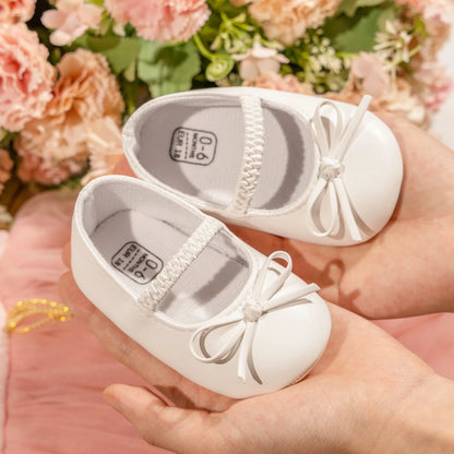 Baby Girl White Ballet Flats with Bow - Soft Sole Mary Jane First Walkers (0-18M)