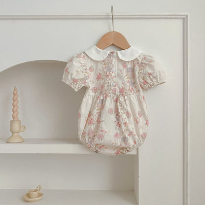 Pink Floral Smocked Sister Matching Outfits - Puff Sleeve Cotton Romper & Princess Dress (3M-6T)