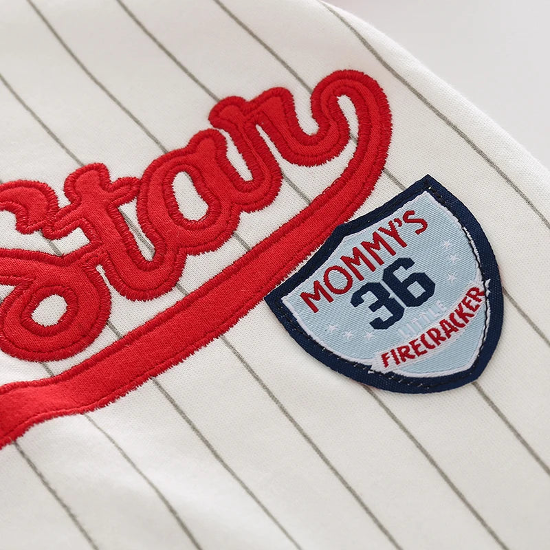 Mommy's All-Star Baseball Romper | Pinstripe Cotton Jersey - Red/White (0-18M)