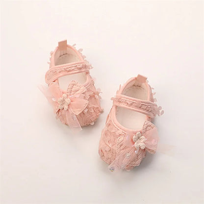Baby Girl Princess Floral First Walker Shoes - Soft Sole Infant Crib Flats with Bow & Petal Detail, (3-12M)