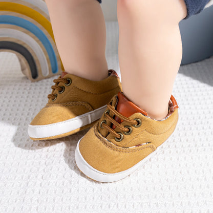 Baby Boy Canvas Shoes Soft Sole Non-Slip First Walkers Infant & Toddler Pre-Walker Sneakers Plaid Lining Lace-Up (0-18M)