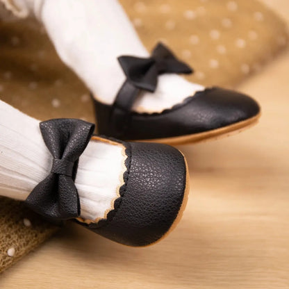 Baby Girl Mary Jane Dress Shoes - Non-Slip Rubber Sole Bowknot First Walkers (0-18M)