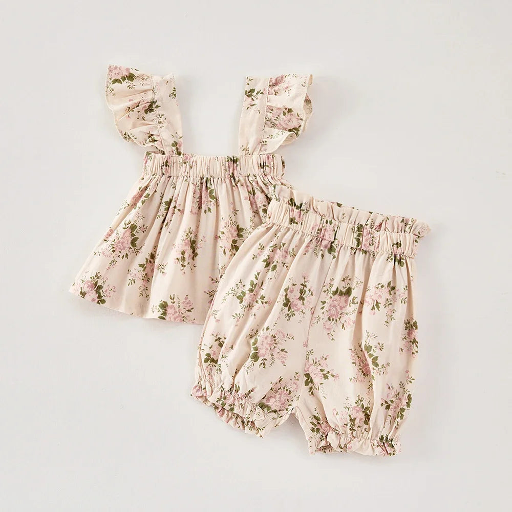Baby & Toddler Girls Floral Cotton Outfit - Ruffled Top & Shorts Set - (3M- 3T)