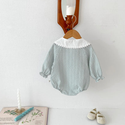 Newborn Baby Girl Sky Blue Gingham Romper - Long Sleeve Peter Pan Collar Cotton Jumpsuit (0-12 Months)