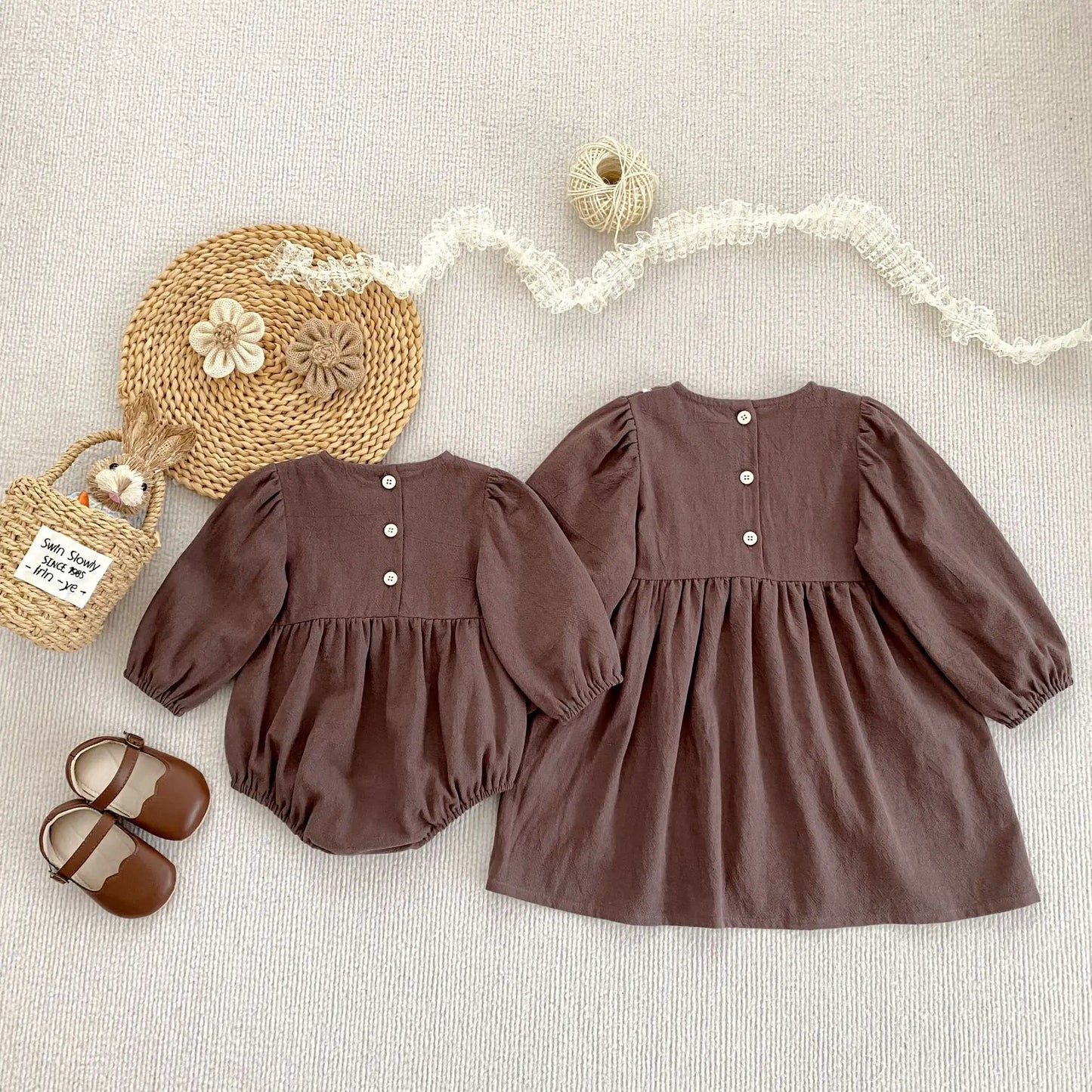 Toddler & Girls Brown Floral Embroidered Cotton Long Sleeve Dress (2T-6T)