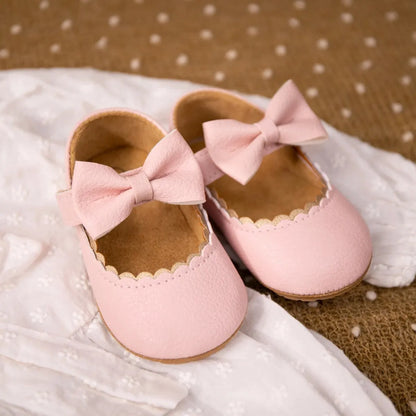Baby Girl Mary Jane Dress Shoes - Non-Slip Rubber Sole Bowknot First Walkers (0-18M)