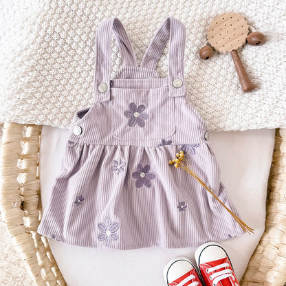 Baby & Toddler Girls Floral Embroidered Corduroy Jumper Dress – Boutique Overall Strap Skirt (6M-3T)