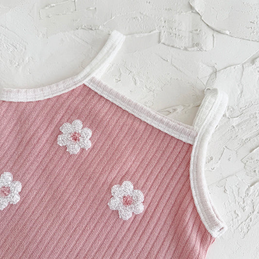 Baby Girls Ribbed Summer Tank & Shorts Set - 2-Piece Boutique Outfit with 3D Floral Appliqué (6M-3T)