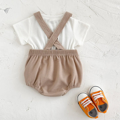 Infant Rainbow Appliqué Waffle Romper Set with Criss-Cross Back & Snap Bottoms (1-18M)