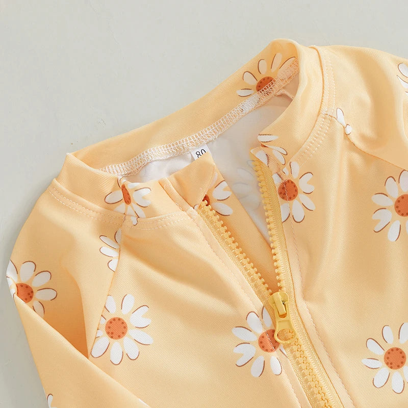 Baby Girl Daisy Floral Long Sleeve Rash Guard Swimsuit with Sun Hat – Toddler One-Piece Bathing Suit (6M-3T)