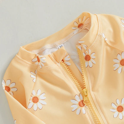 Baby Girl Daisy Floral Long Sleeve Rash Guard Swimsuit with Sun Hat – Toddler One-Piece Bathing Suit (6M-3T)