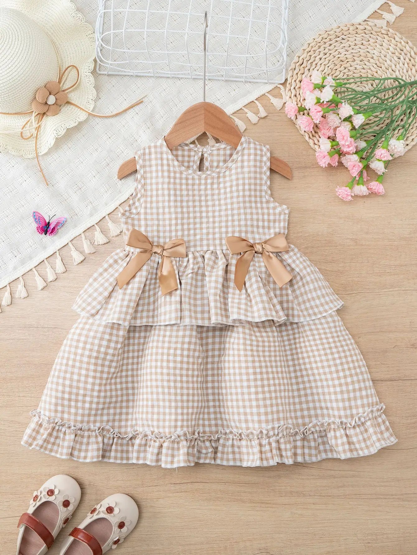 Toddler Girls Gingham Sleeveless Summer Dress – Pastoral Layered Ruffle Dress with Bows (2-7Y)
