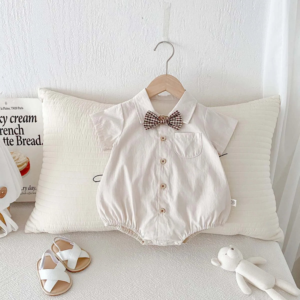 Baby Boy Korean Style Cotton Romper - Short Sleeve Lapel Shirt Jumpsuit with Bow Tie (0-24 Months)