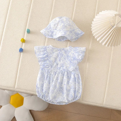 Baby Girl Floral Cotton Romper Set with Matching Sun Hat - Ruffled Princess Bodysuit with Double Bows (0-24M)