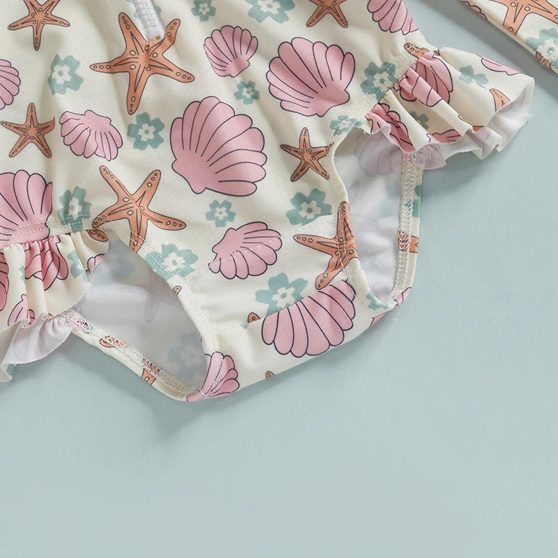 Baby & Toddler Girls Long Sleeve Rash Guard Swimsuit with Sun Hat - 2-Piece Set, Shell & Starfish Print, Zip-Front One Piece Bathing Suit (6M-4T)