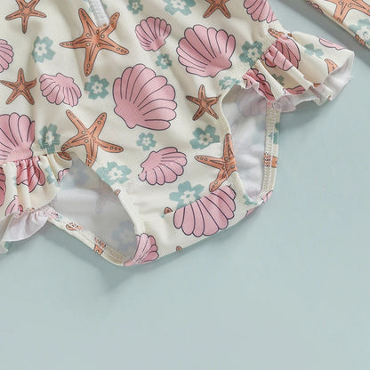 Baby & Toddler Girls Long Sleeve Rash Guard Swimsuit with Sun Hat - 2-Piece Set, Shell & Starfish Print, Zip-Front One Piece Bathing Suit (6M-4T)