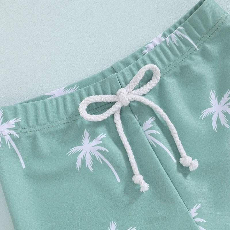 Dinosaur & Palm Tree Swim Trunks | Quick-Dry Board Shorts | Teal & Ivory White | (6M-4T)