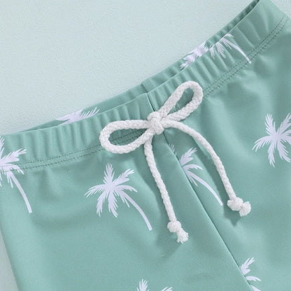 Dinosaur & Palm Tree Swim Trunks | Quick-Dry Board Shorts | Teal & Ivory White | (6M-4T)