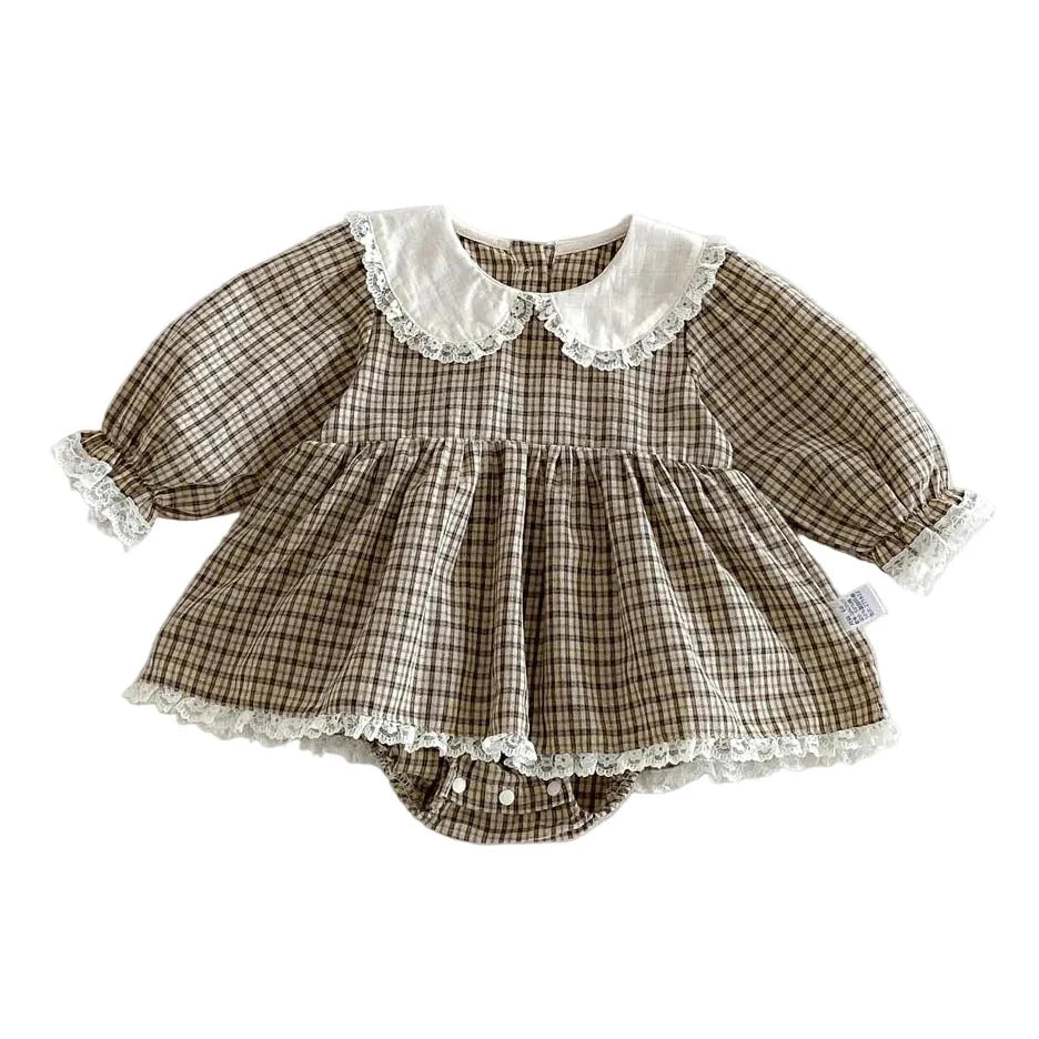 Baby Girl Plaid Long Sleeve Romper Dress - Lace Peter Pan Collar Toddler Outfit