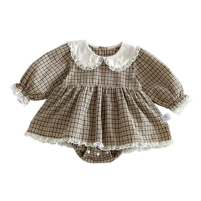 Baby Girl Plaid Long Sleeve Romper Dress - Lace Peter Pan Collar Toddler Outfit