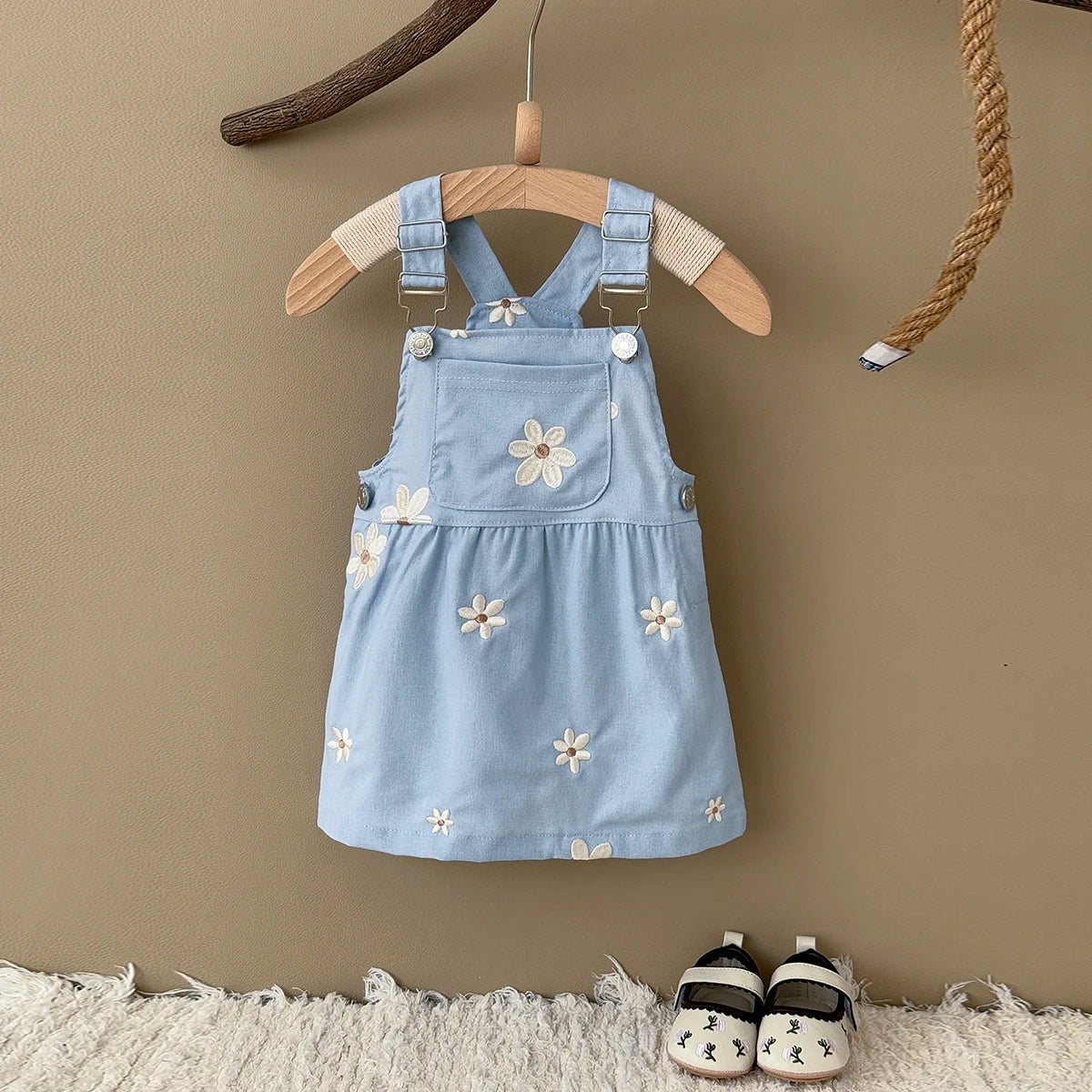 Baby Girl Daisy Embroidered Overall Dress | Toddler Blue Cotton Summer Jumper (6M-3T)