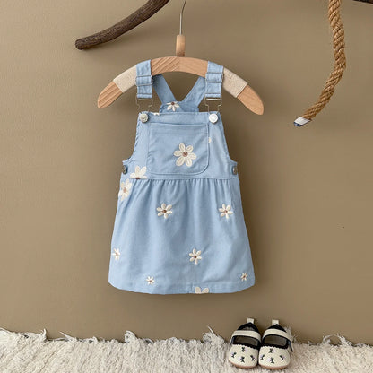 Baby Girl Daisy Embroidered Overall Dress | Toddler Blue Cotton Summer Jumper (6M-3T)