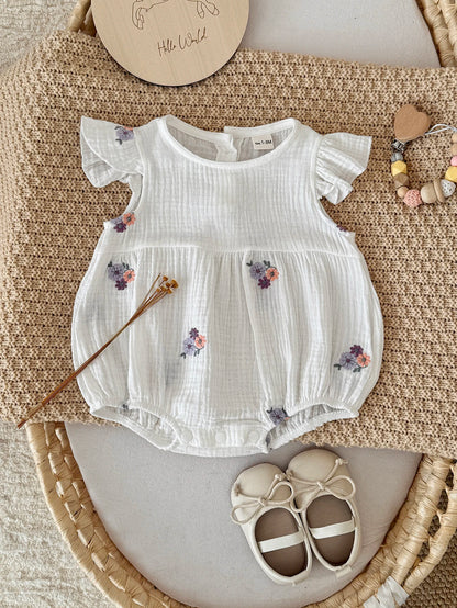 Summer Embroidered Floral Baby Romper - White Cotton Muslin Ruffle Sleeve Bodysuit (6-18M)