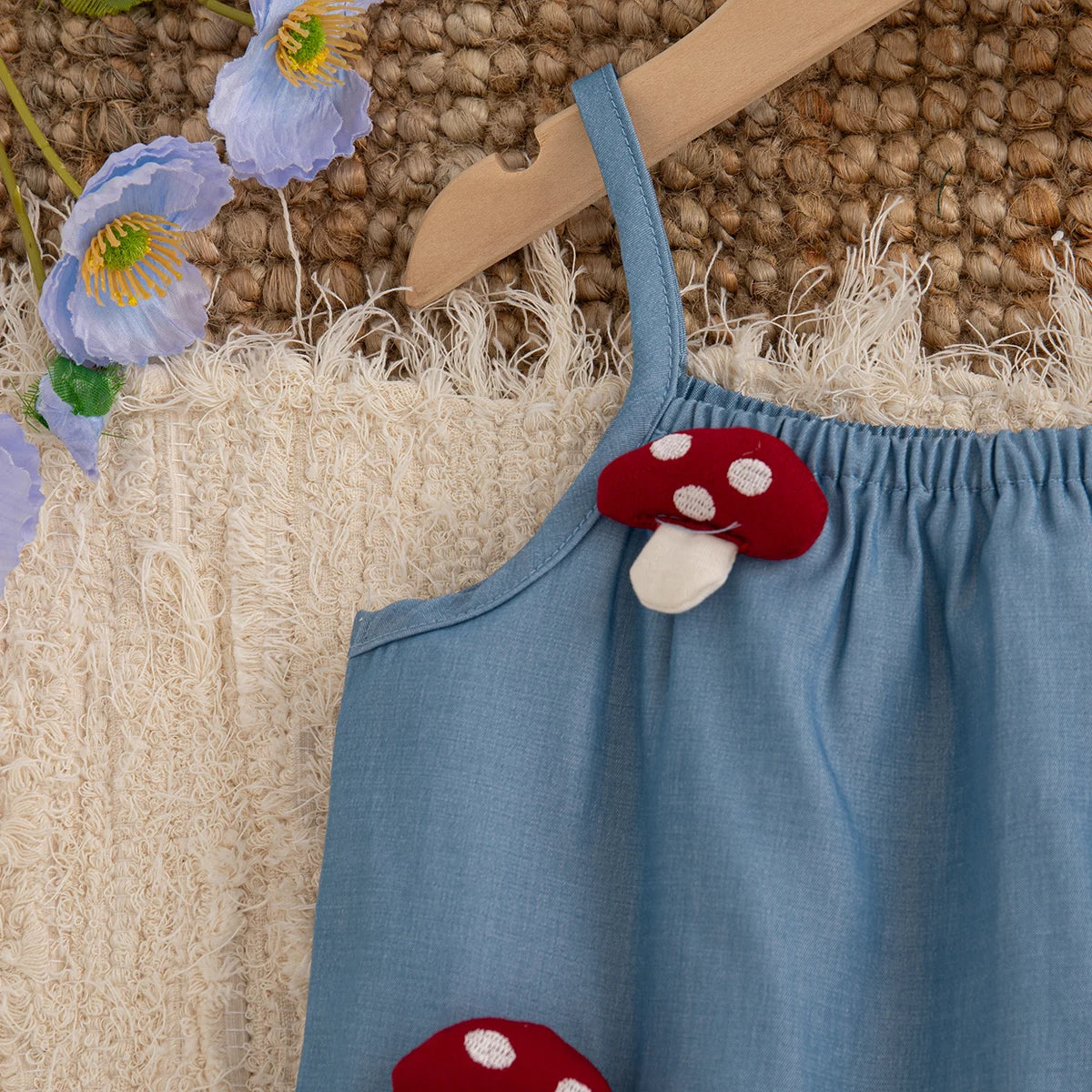 Baby & Toddler Girl 2-Piece Mushroom Cotton Set - Blue Ruffle Tank & Shorts (9M-4T)
