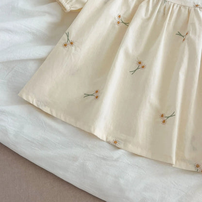 Baby Girl Cream Floral Cotton Dress - Long Sleeve Spring Princess Party Dress (2T-6T)