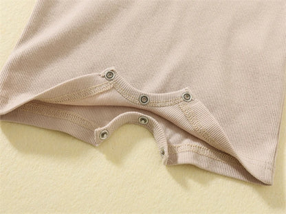 Baby Boy Boutique Ribbed Henley Romper - Knit Cotton Jumpsuit with Natural Wood Buttons (3-24M)